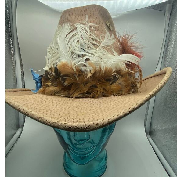 Vintage Bailey U-Rollit Tan Suede Cowboy Hat Size 7 Feathers Oklahoma Pin‎ - Picture 2 of 8
